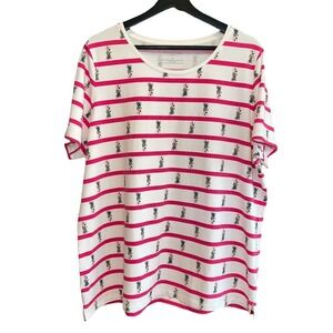 Talbots Tee Shirt Womens 2X Pink White‎ Striped Pineapple Print Cotton Blend Top